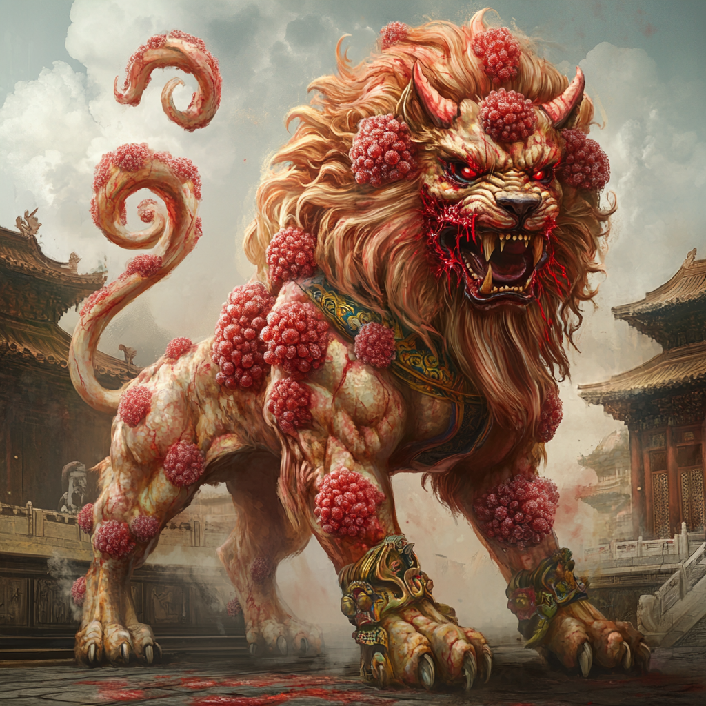 A Fierce Chinese Lion with Red Insectoids Curse