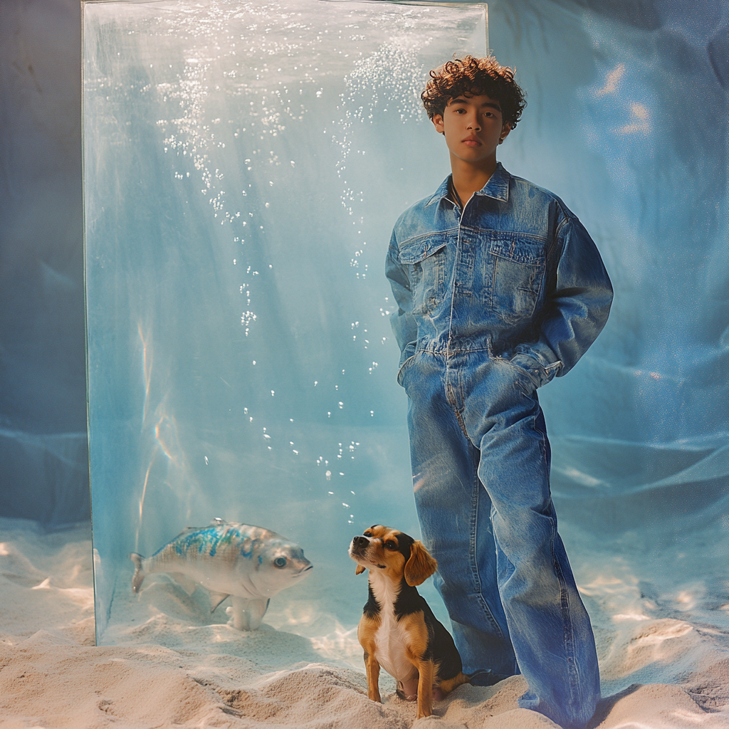 A Filipino-American boy in denim on beach with dog