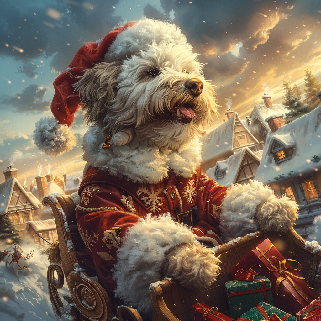 A Fluffy Santa Dog in Festive Winter Wonderland