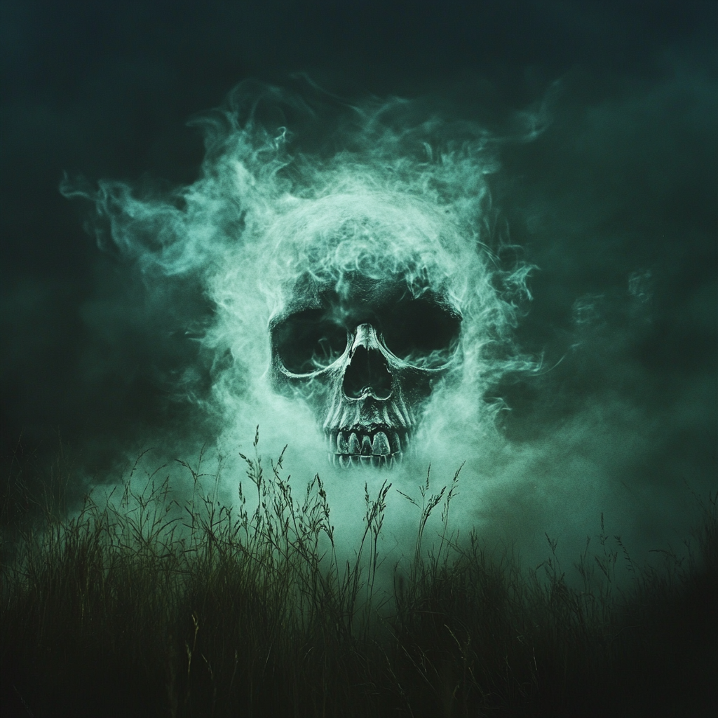 A Foggy Evil Skull Creeping Through Meadow