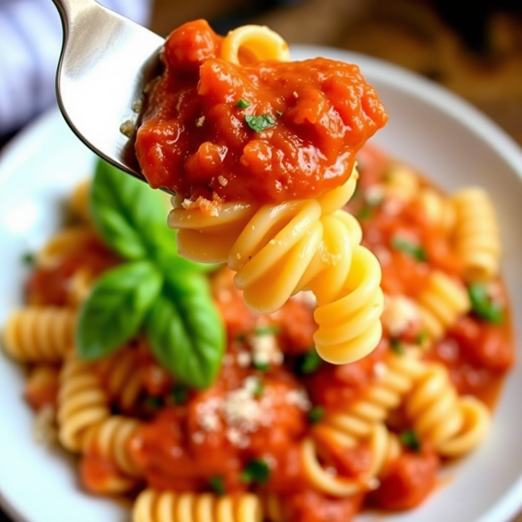 A Forkful of Saucy Fusilli Pasta with Basil