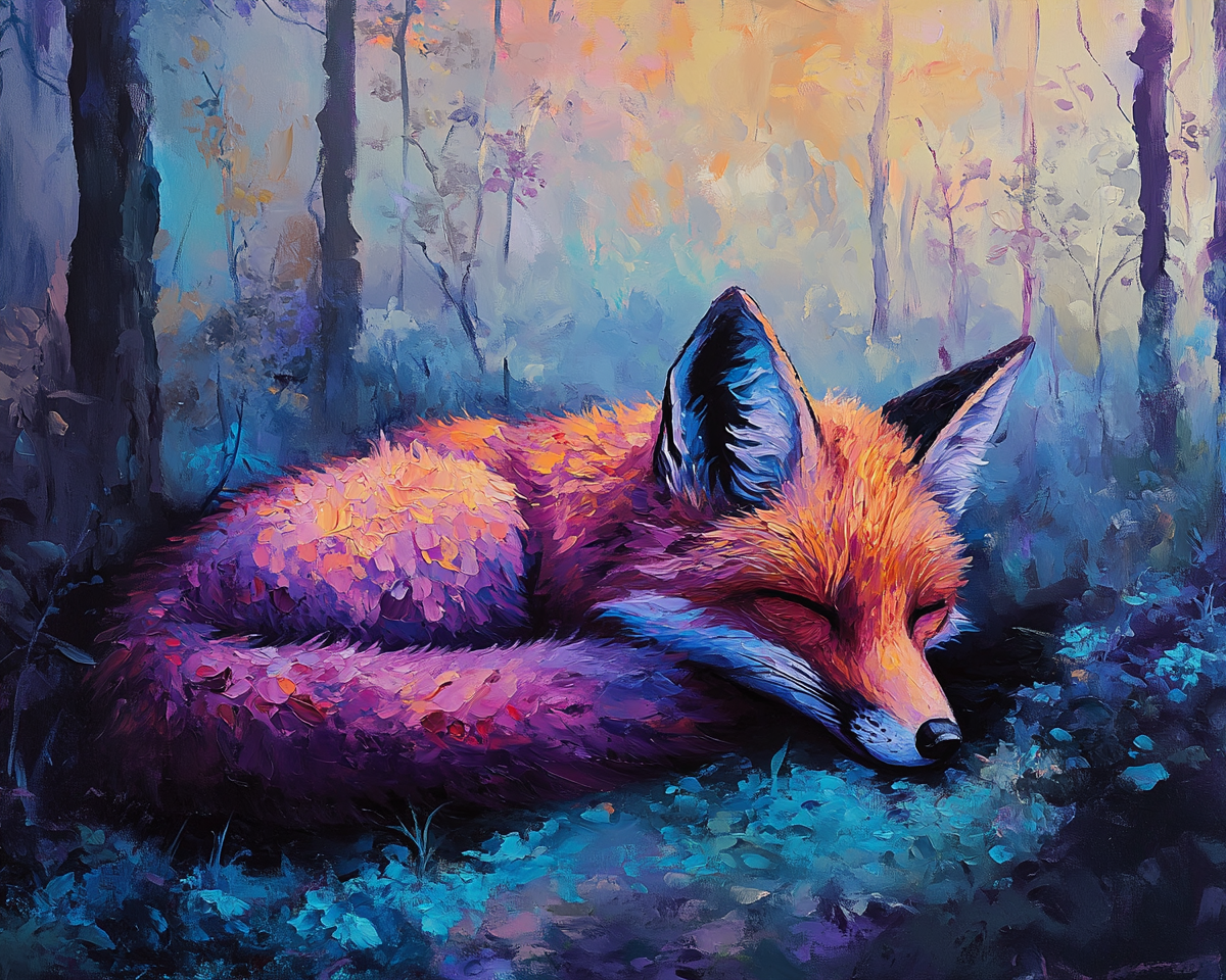 A Fox Resting in Moody Forest: Acrylic Painting