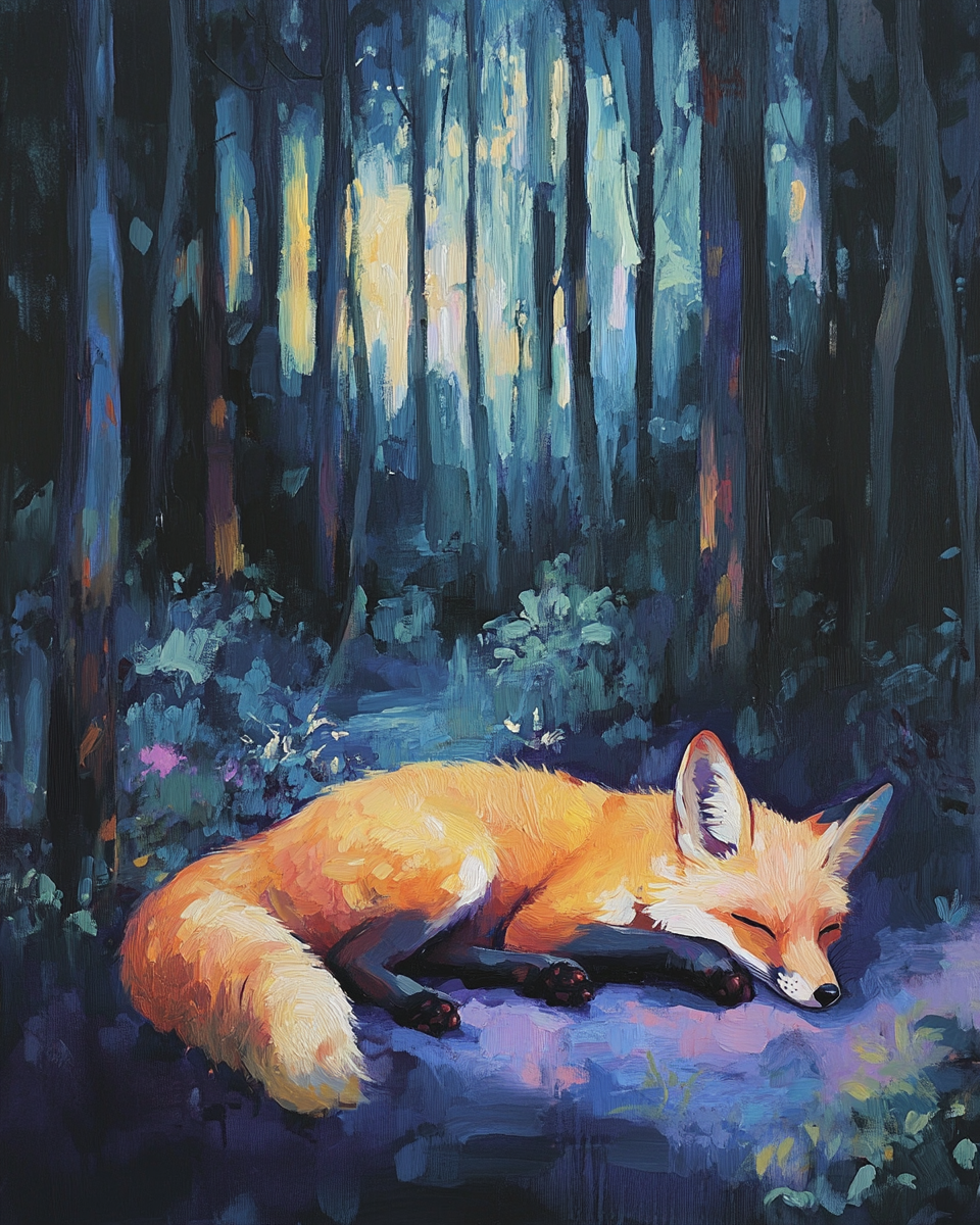 Acrylic Painting of a Fox Resting in Forest