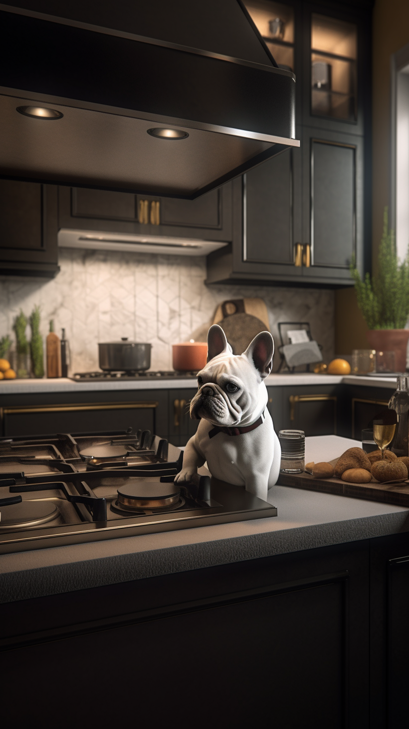 A French Bulldog Chef Cooking in Fancy Kitchen.