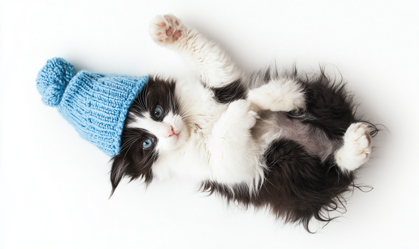 A Funny Cat Wearing Blue Beanie Lying Down