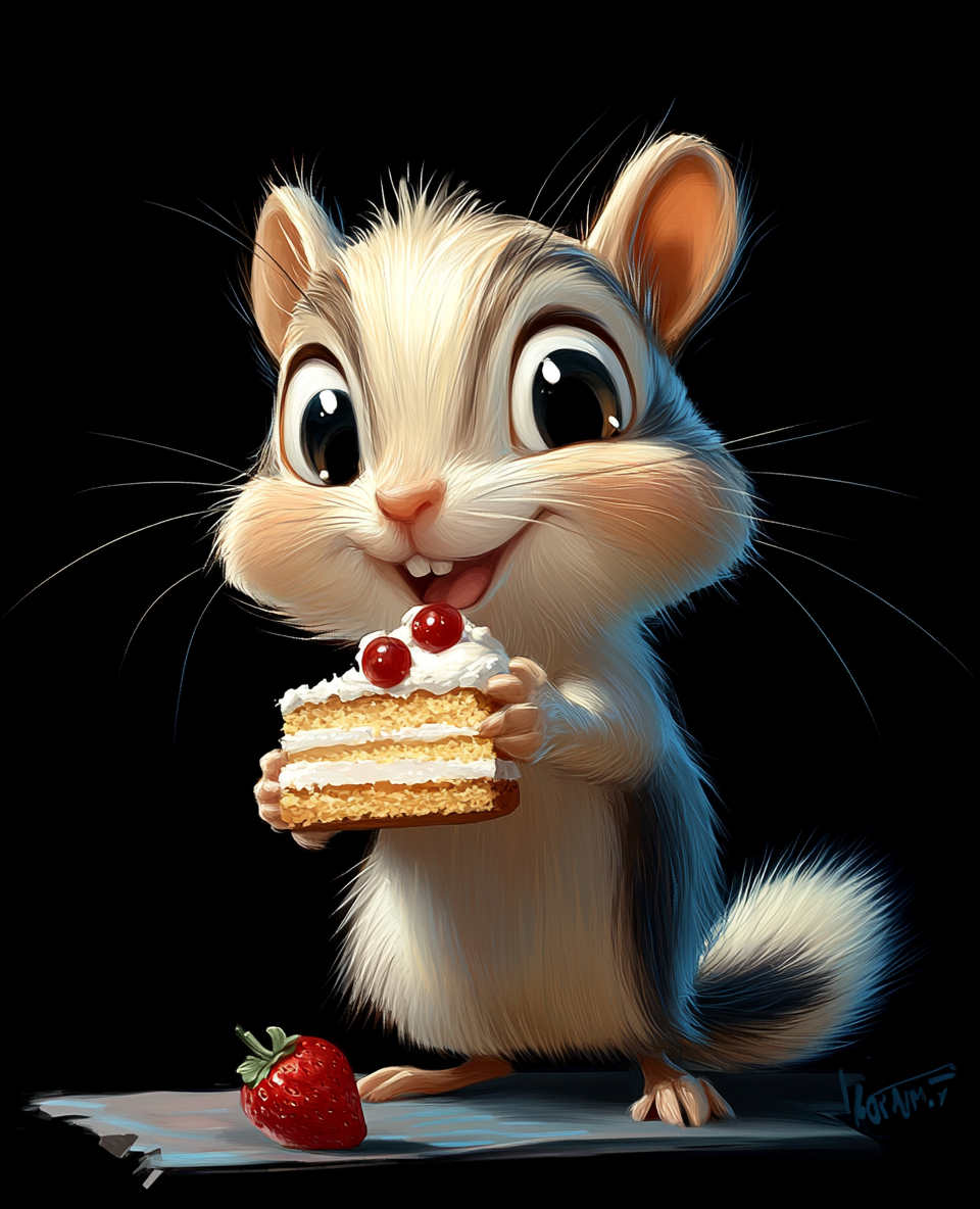 A Funny Chipmunk Pulling Cake in Cartoon Style