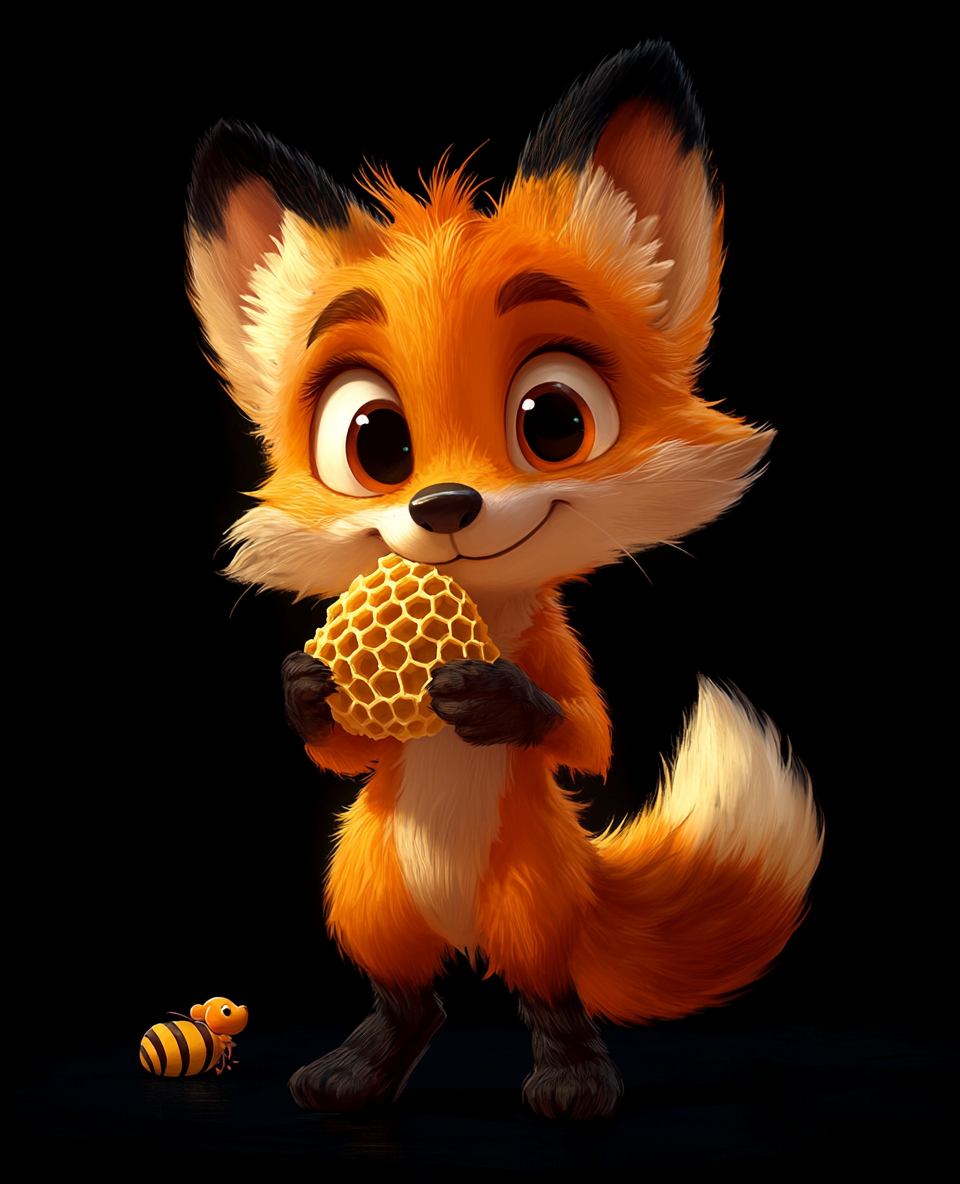 A Funny Fox Eating Honeycomb in Cartoon Style