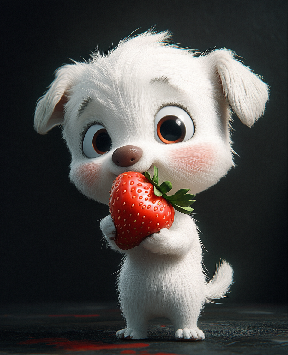 A Funny White Puppy Eating a Strawberry