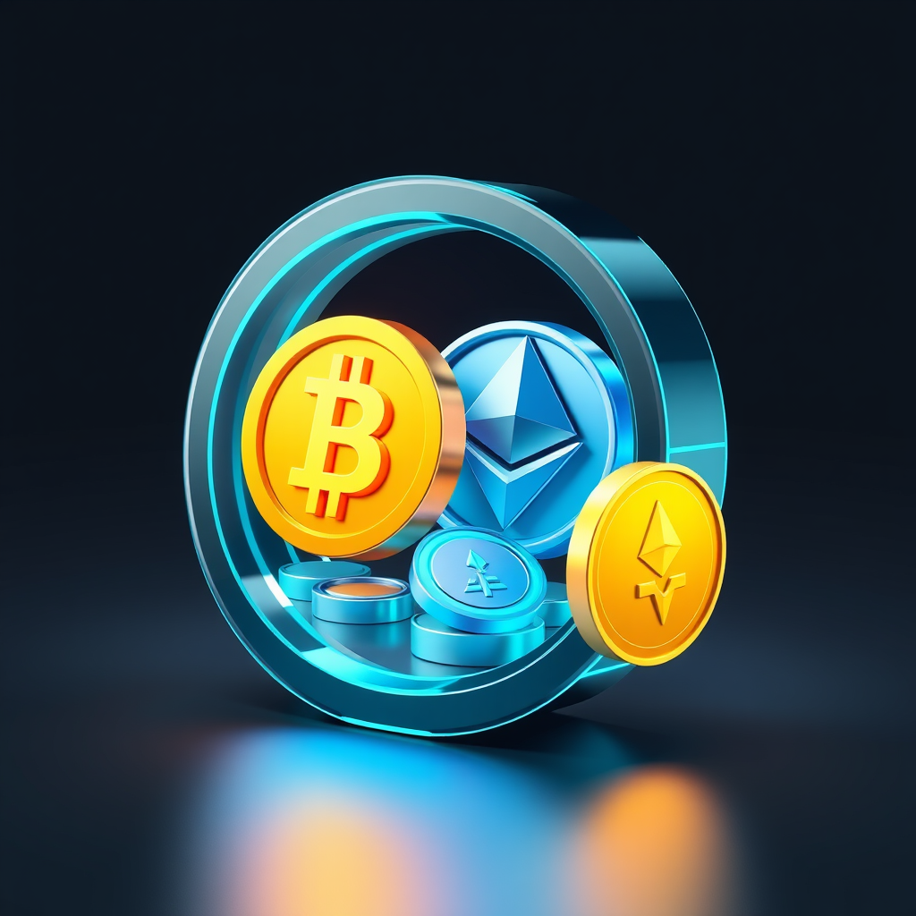 A Futuristic 3D Display of Cryptocurrency Icons