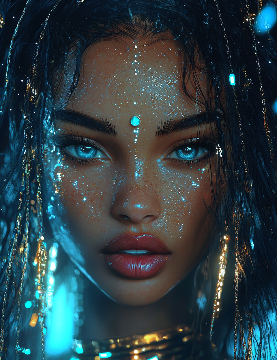 A Futuristic AI Goddess with Blue and Gold Details