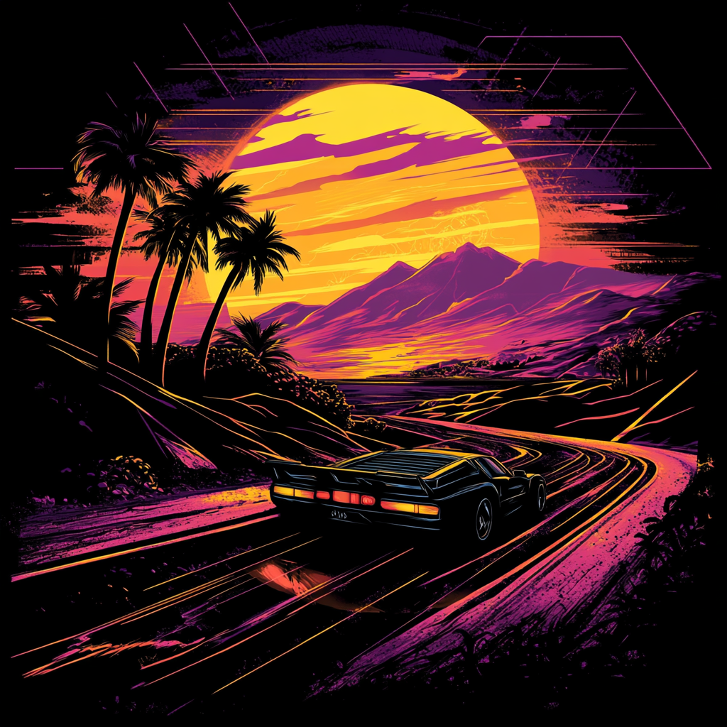 A Futuristic Car Racing in Retro Neon Sunset