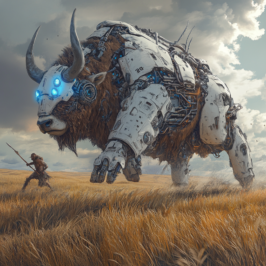 A Futuristic Robot Rabbit Hunting Buffalo in Plains