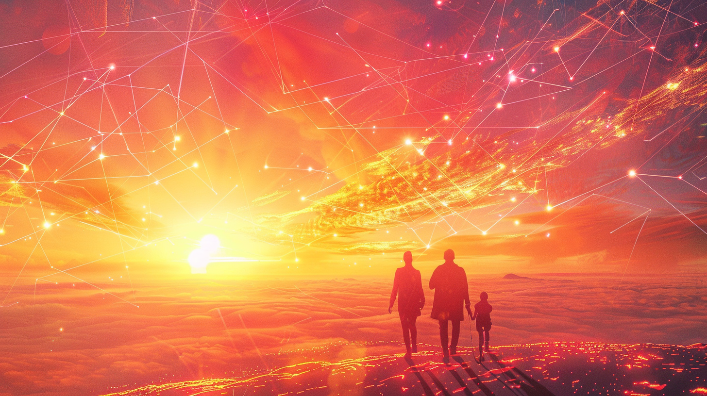 A Futuristic Sunrise with Digital Family Scenes