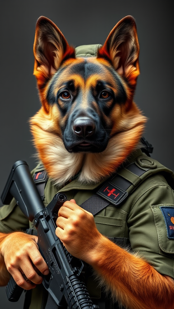 A German Shepherd in Military Uniform with Gun