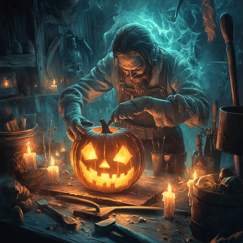 A Ghostly Carpenter Carving a Spooky Jack-o'-Lantern