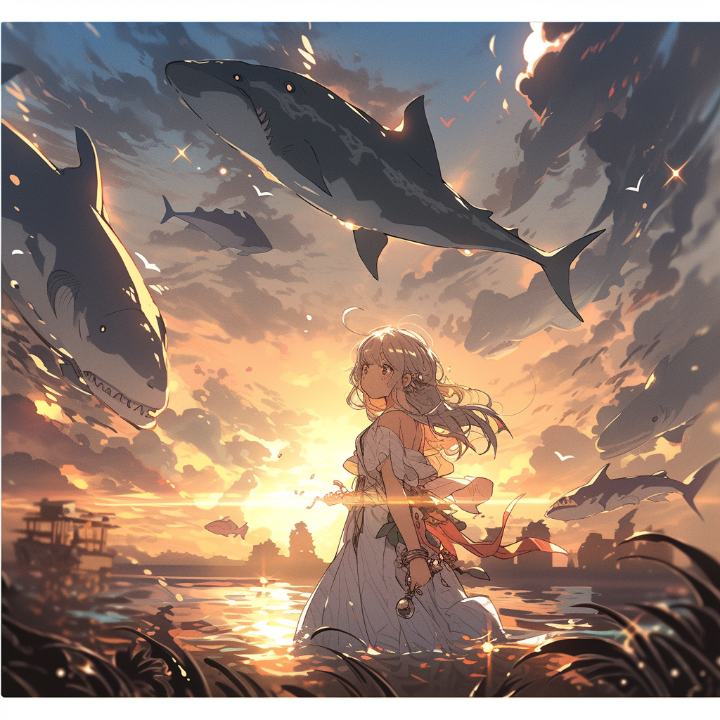 A Giant Shark Swimming with Girl at Sunset