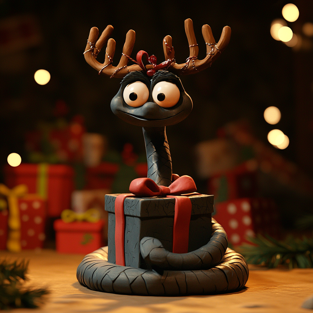 A Giant Snake with Reindeer Antlers on Presents