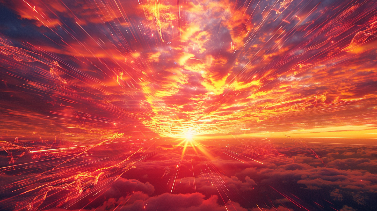 A Giant Sunrise Amidst Digital Lines and Rays