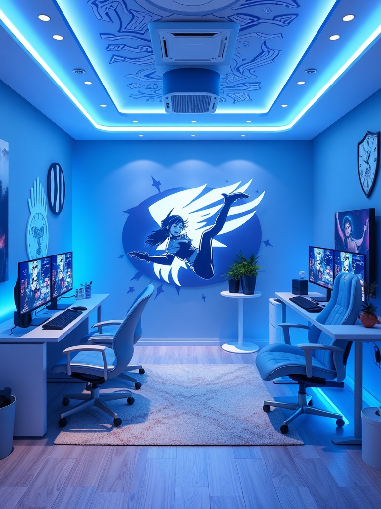 A Girl's Gaming Room with Blue and White Theme