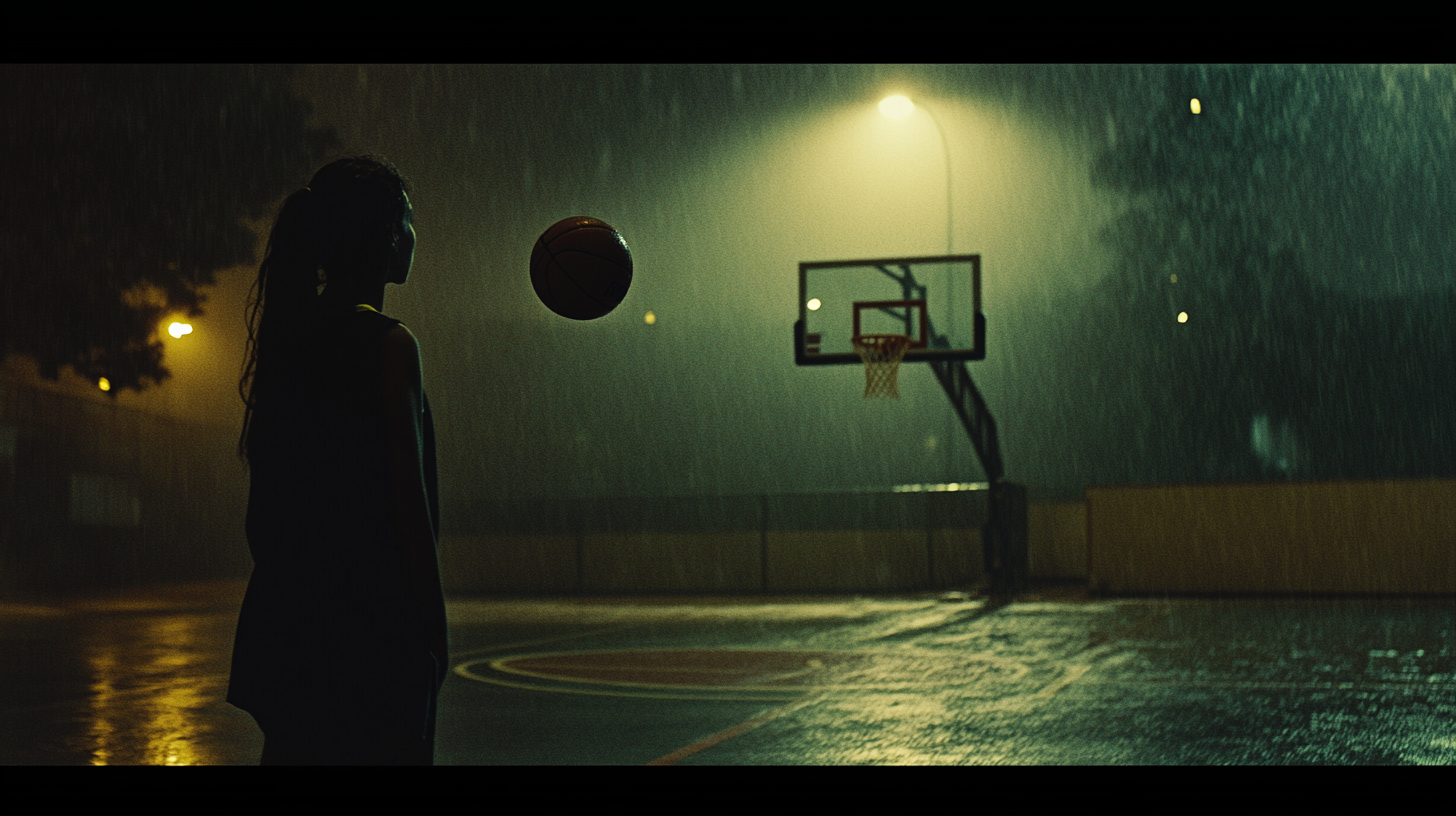 A Girl's Solo Nighttime Basketball Practice