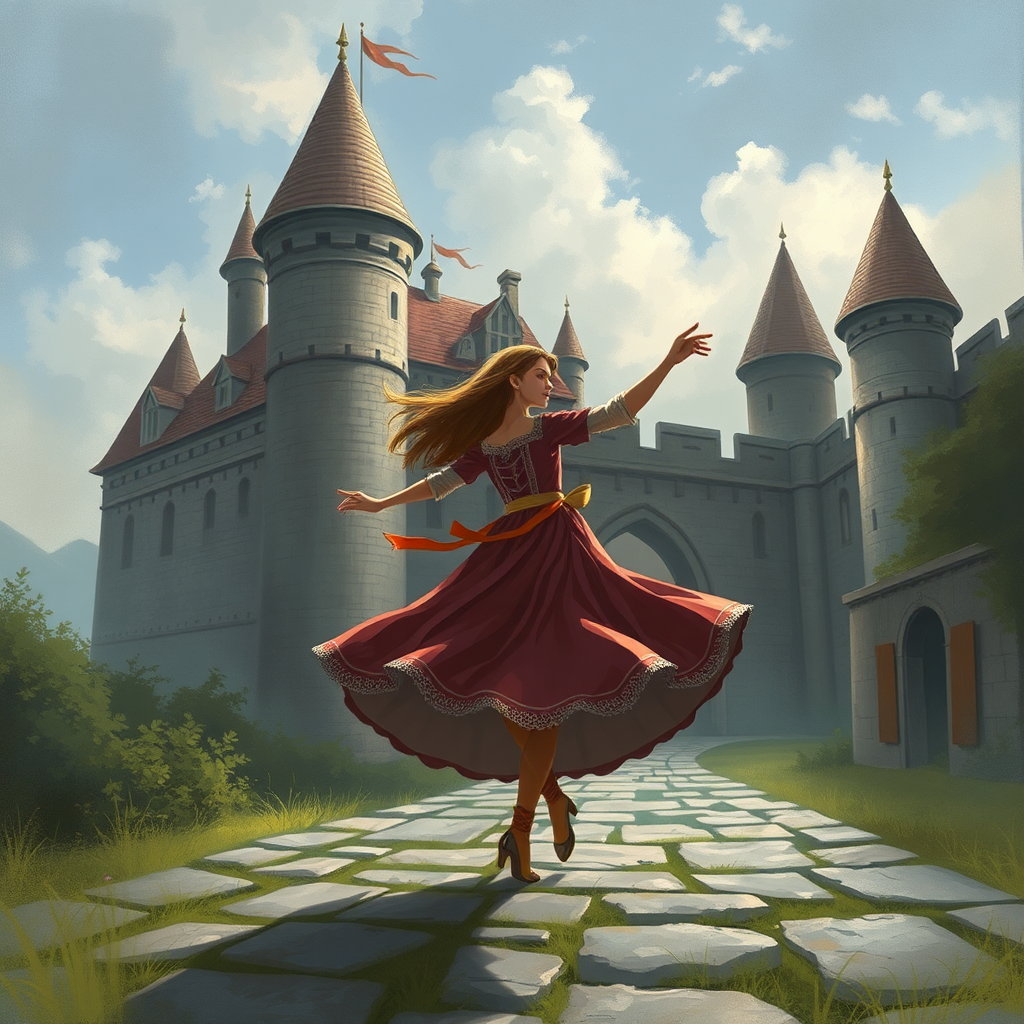 A Girl Dancing in a Medieval Castle Courtyard