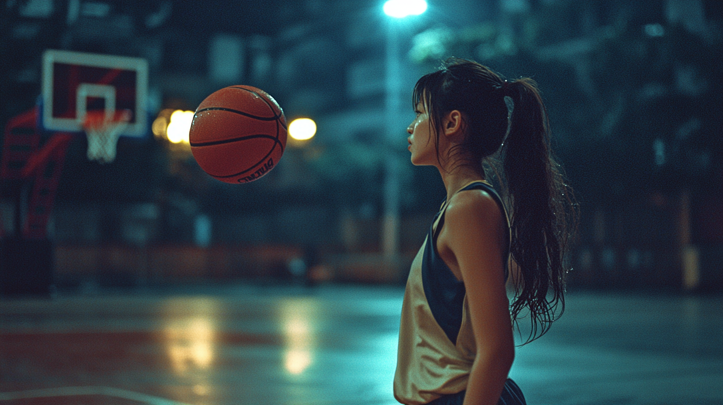 A Girl Practicing Basketball Alone at Night