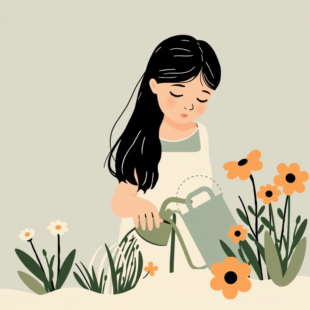 A Girl Watering Flowers in Muted Colors