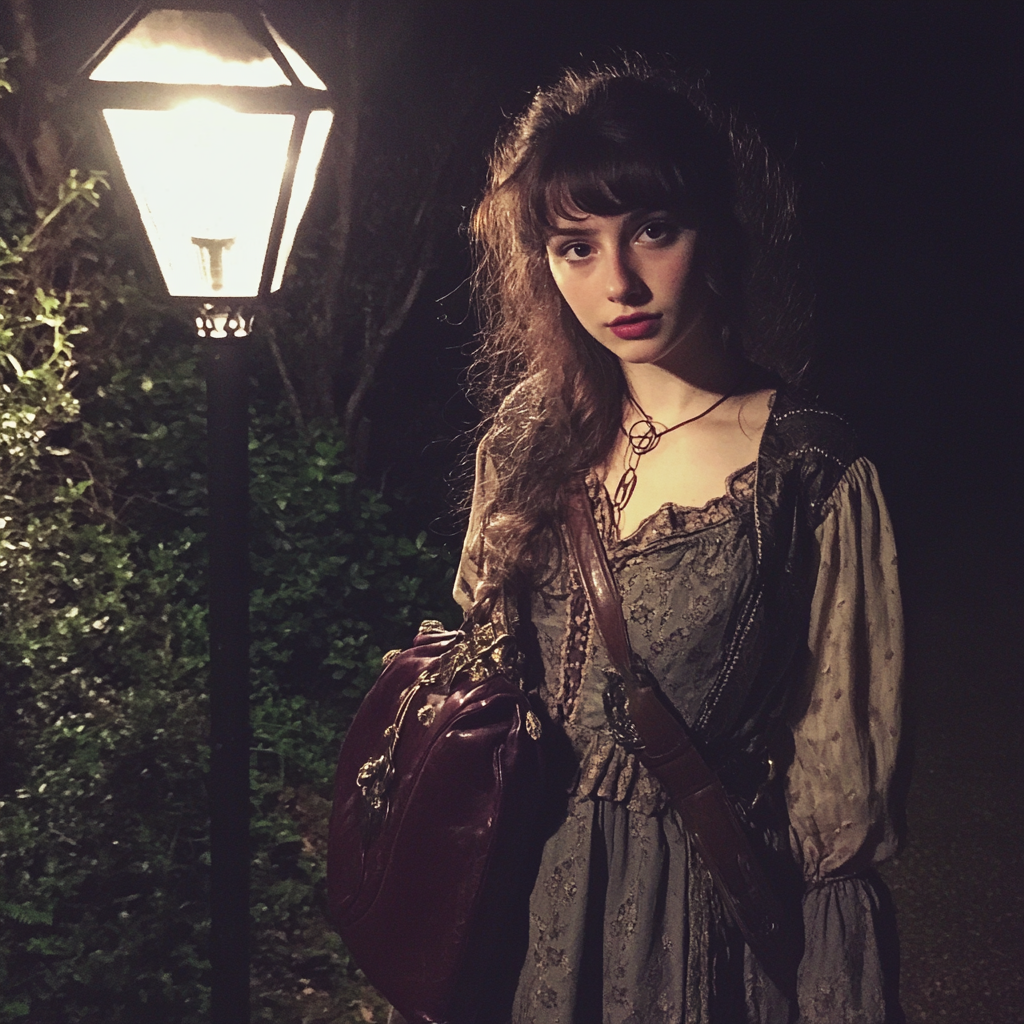 A Girl in Vintage Fairy Outfit Under Street Lamp