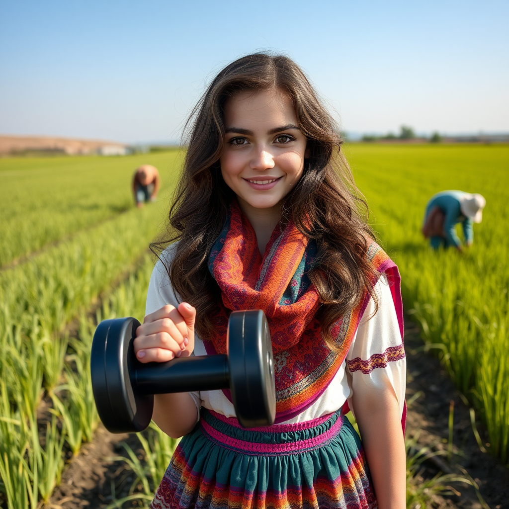 A Girl with Muscles Smiling in Iranian Dress