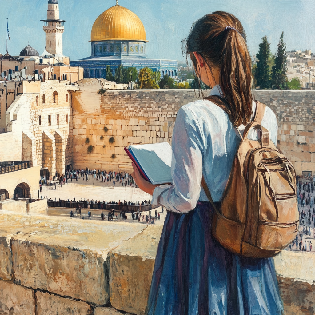 A Girl with Ponytail Facing Western Wall