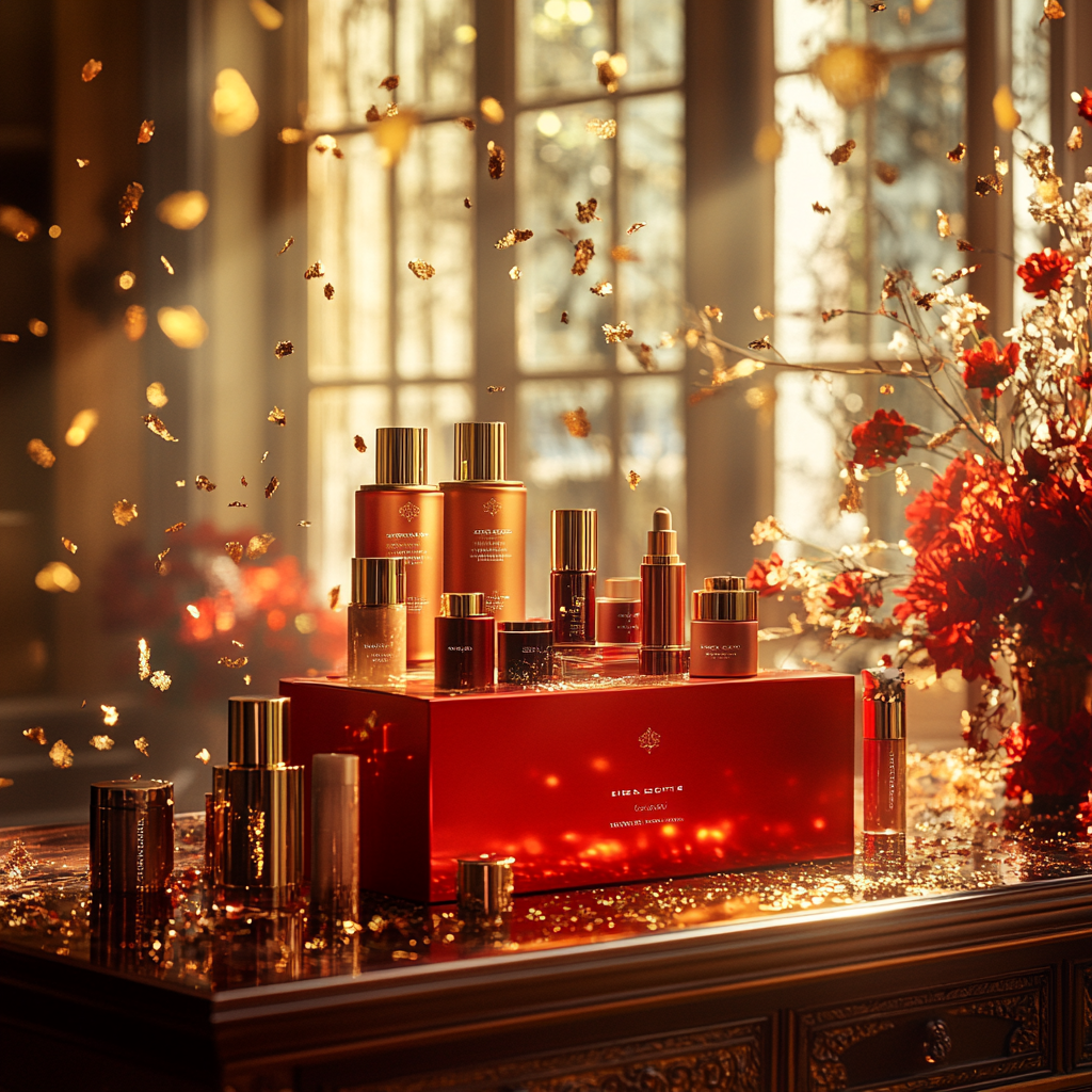 A Glamorous Beauty Product Showcase in Gold Room