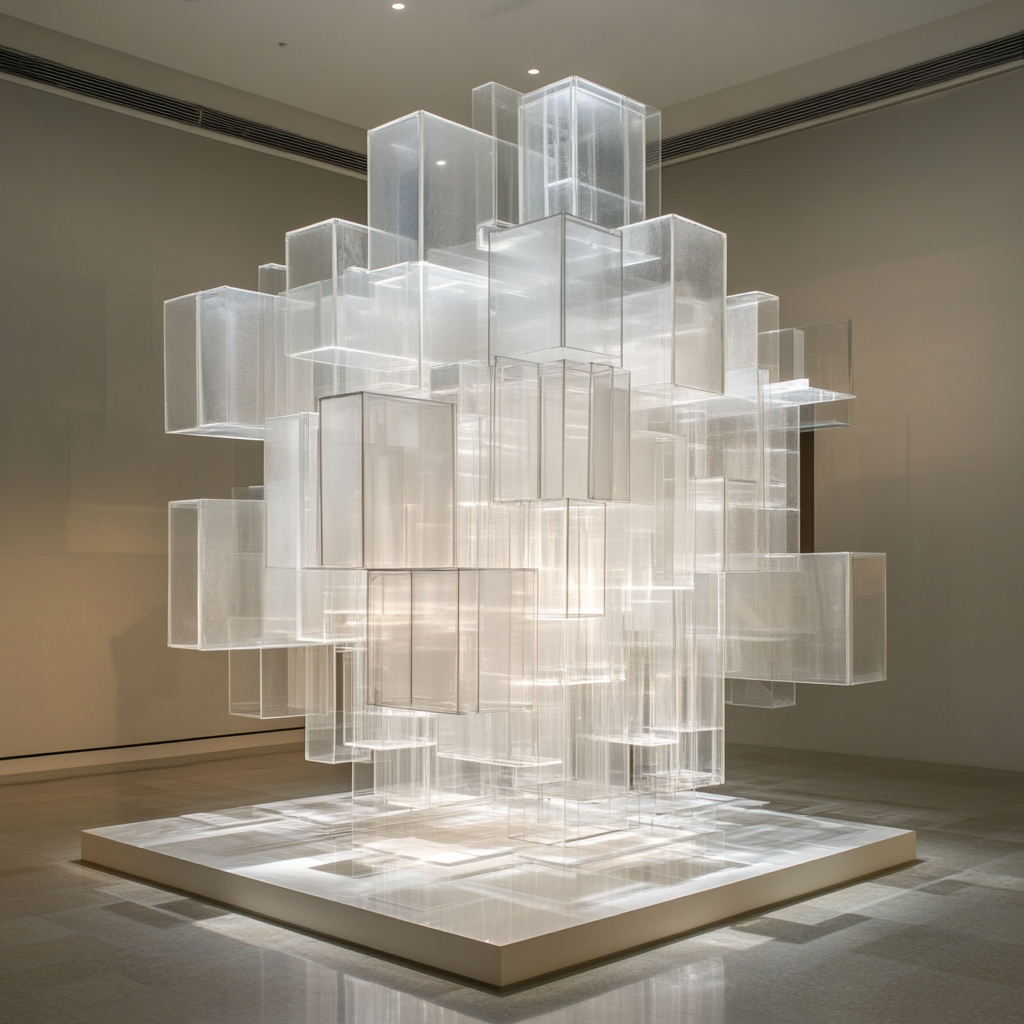 A Glass Cube with Transparent Boxes Installation