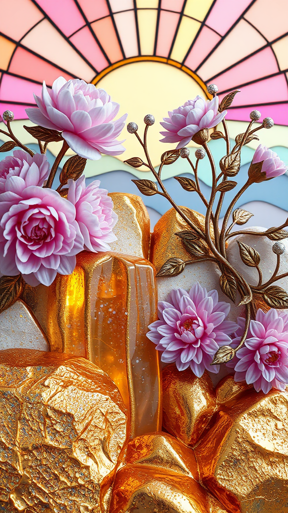 A Glittering Celestial Sunrise and Blossoming Flowers