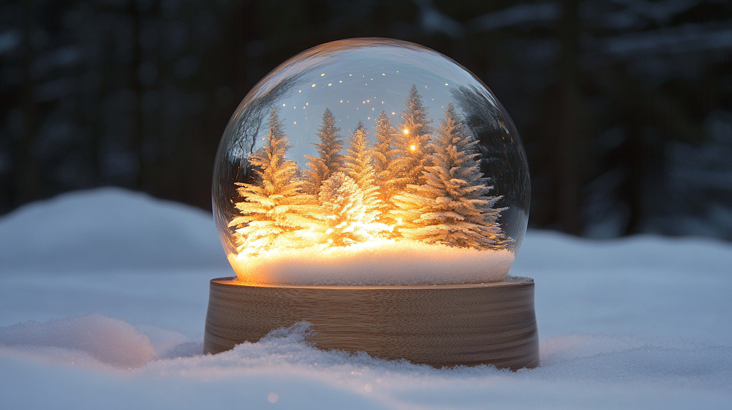 A Glowing Snow Globe in Nighttime Pine Forest