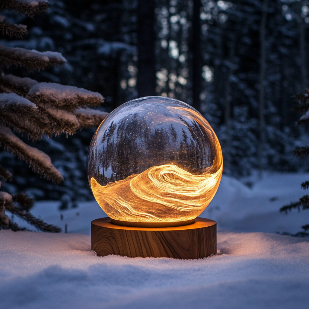 A Glowing Snow Globe in a Pine Forest