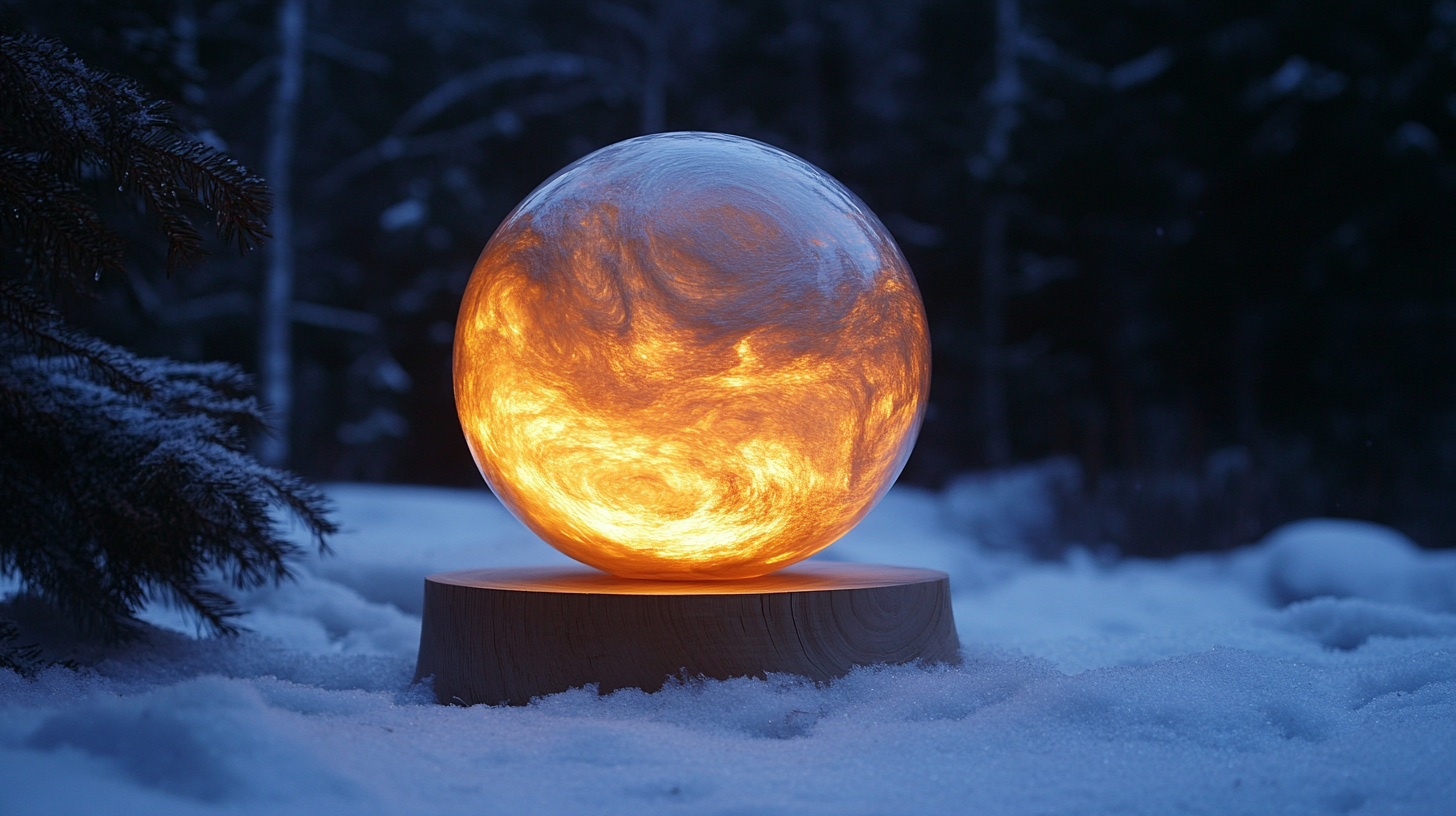 A Glowing Snow Sphere in Nighttime Pine Forest