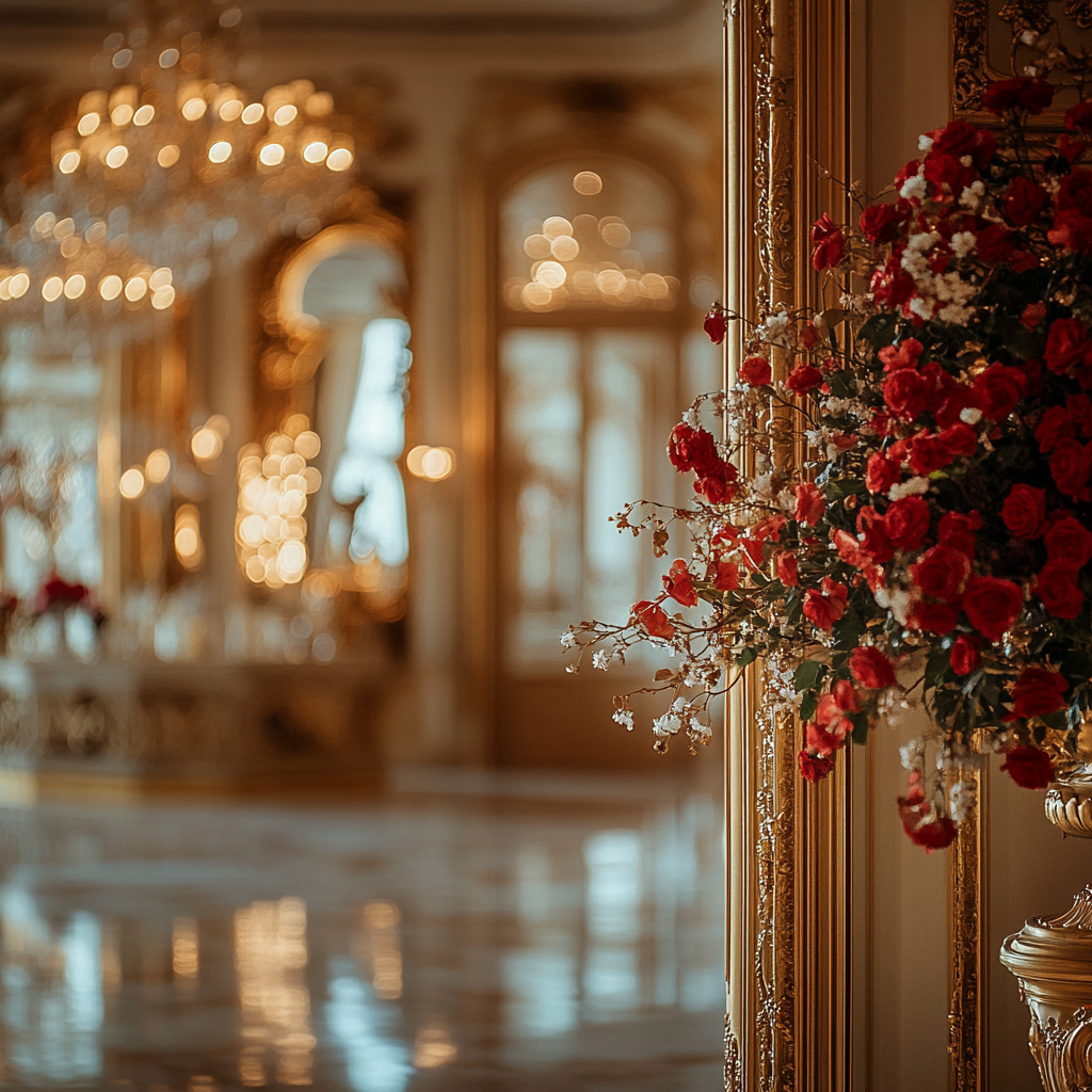 A Gold Door with an Ornate, Festive Room