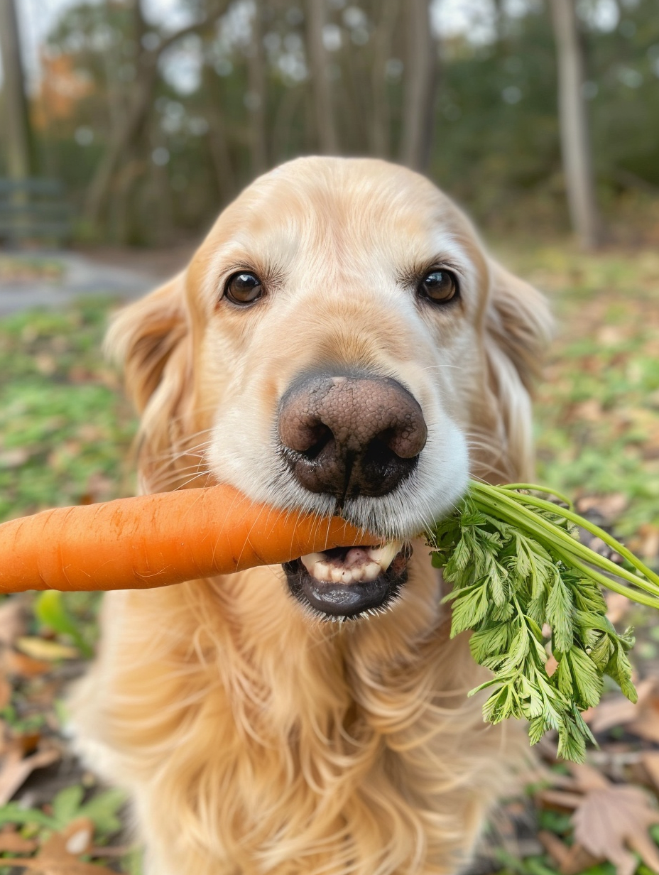 A Golden Retriever Holding a Carrot