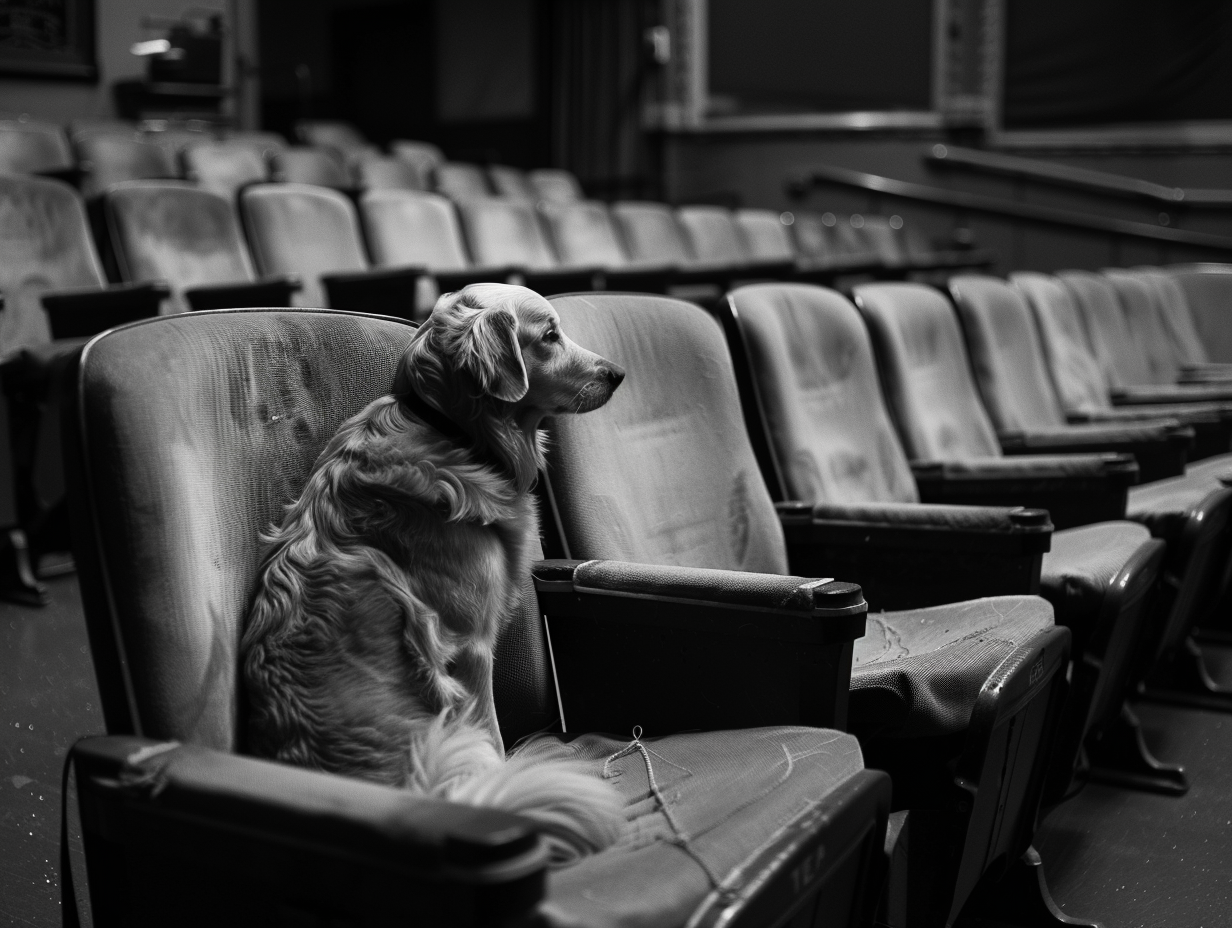 A Golden Retriever watching a quiet theater stage.