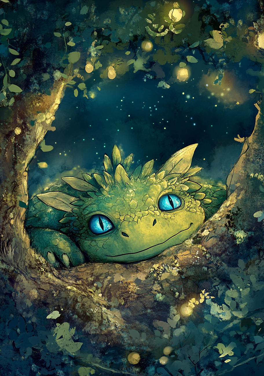 A Green Dragon with Blue Eyes in Forest