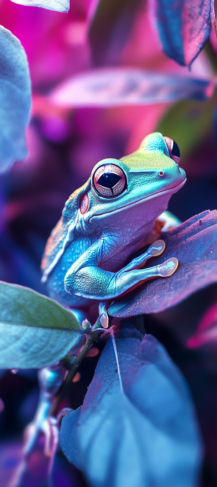 A Green Frog on Branch with Colorful Background