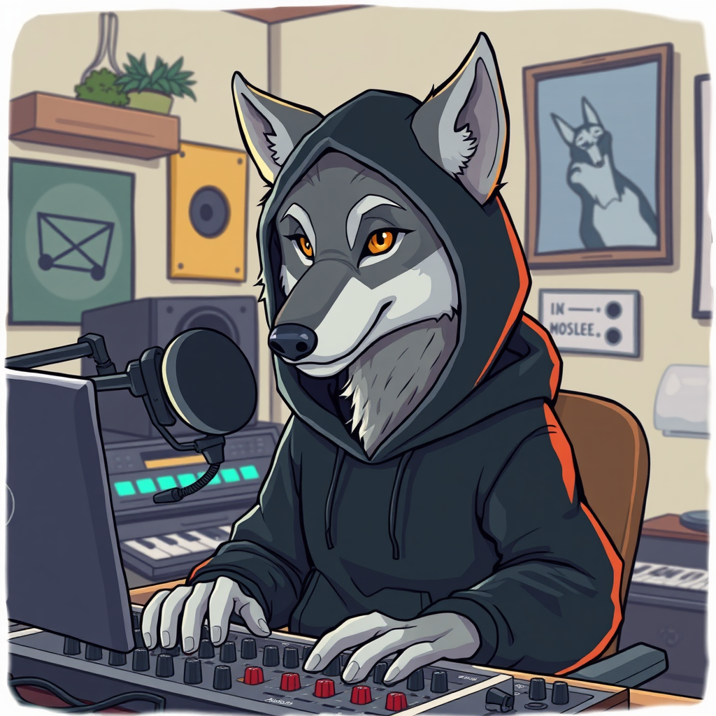 A Grey Wolf Producing Lofi Music at Home