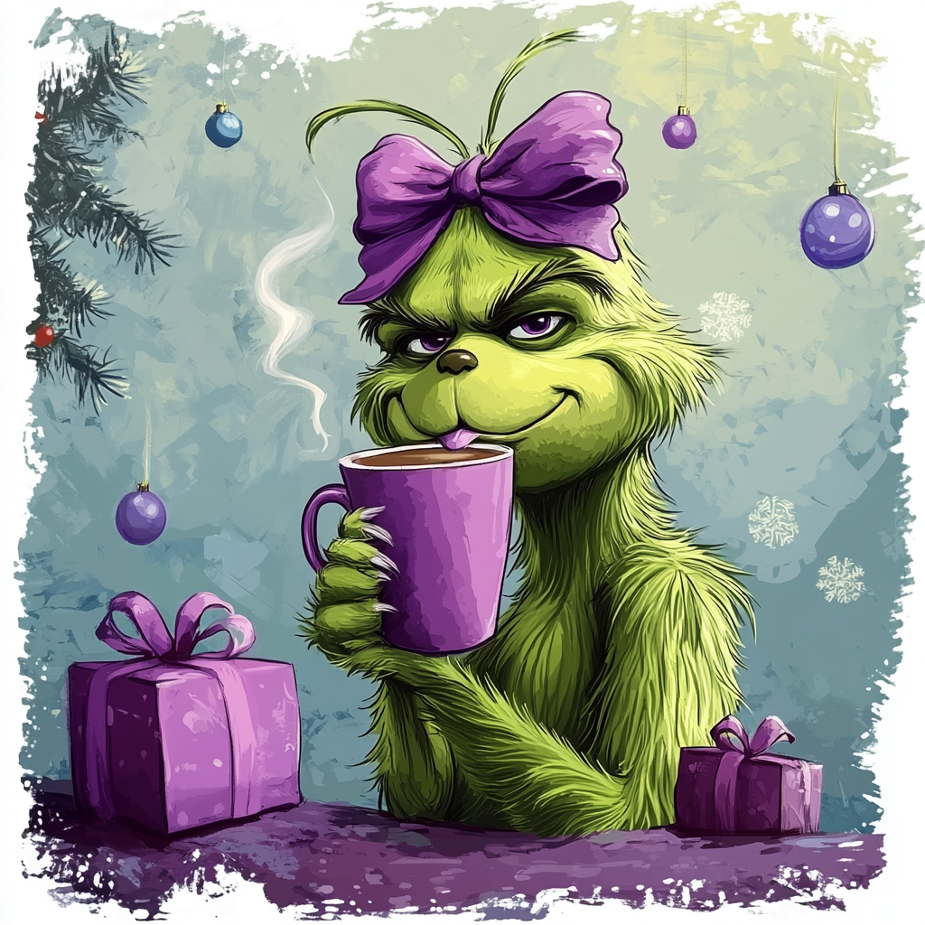 A Grinch with Purple Bow Celebrating Christmas Cheer