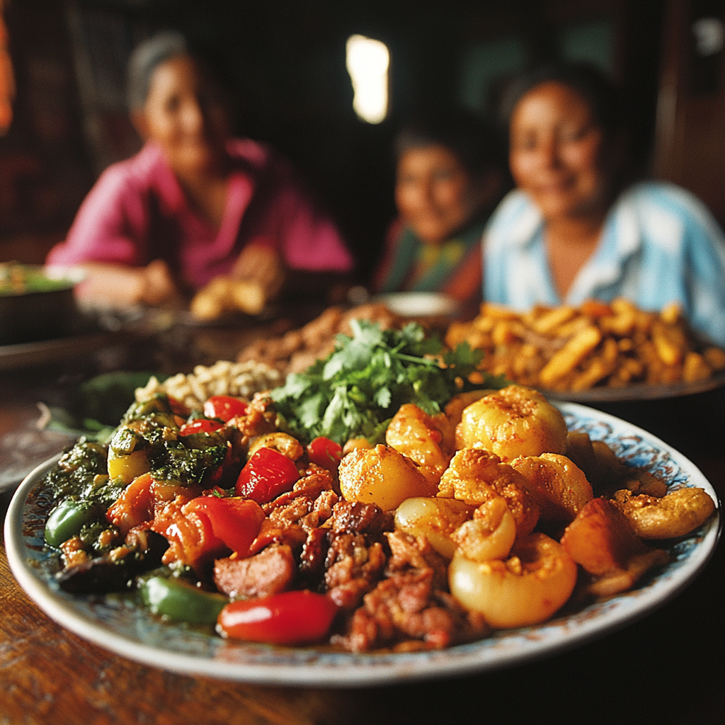 A Guatemalan family enjoying fiambre around the table