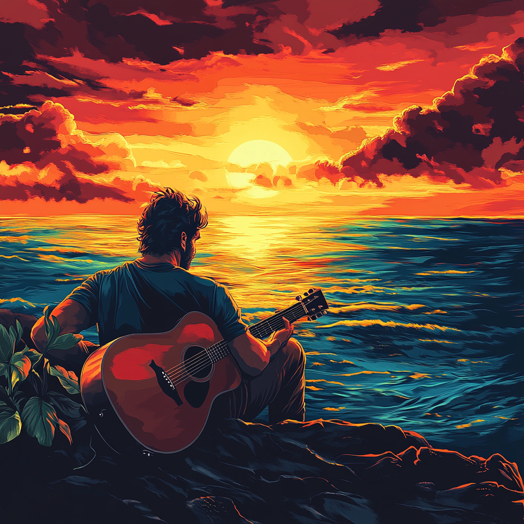 A Guitar Playing Musician on Sunset Rock