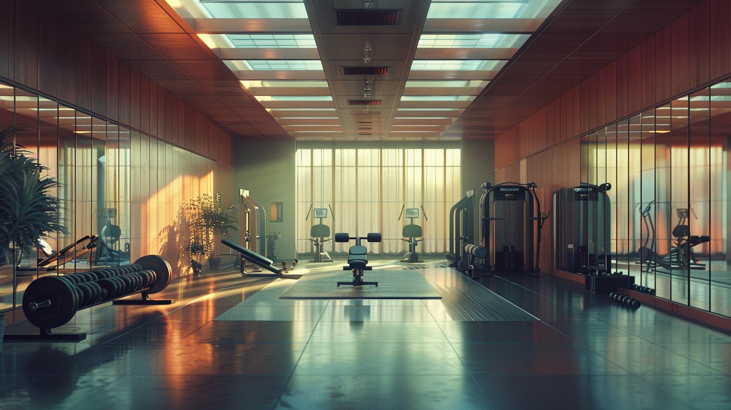 A Gym with Equipment and Mirrors in Warm Tones