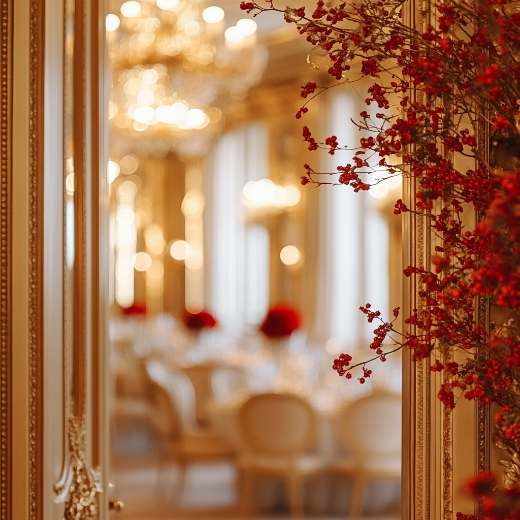 A Half-Opened Gold Door Revealing Festive Room