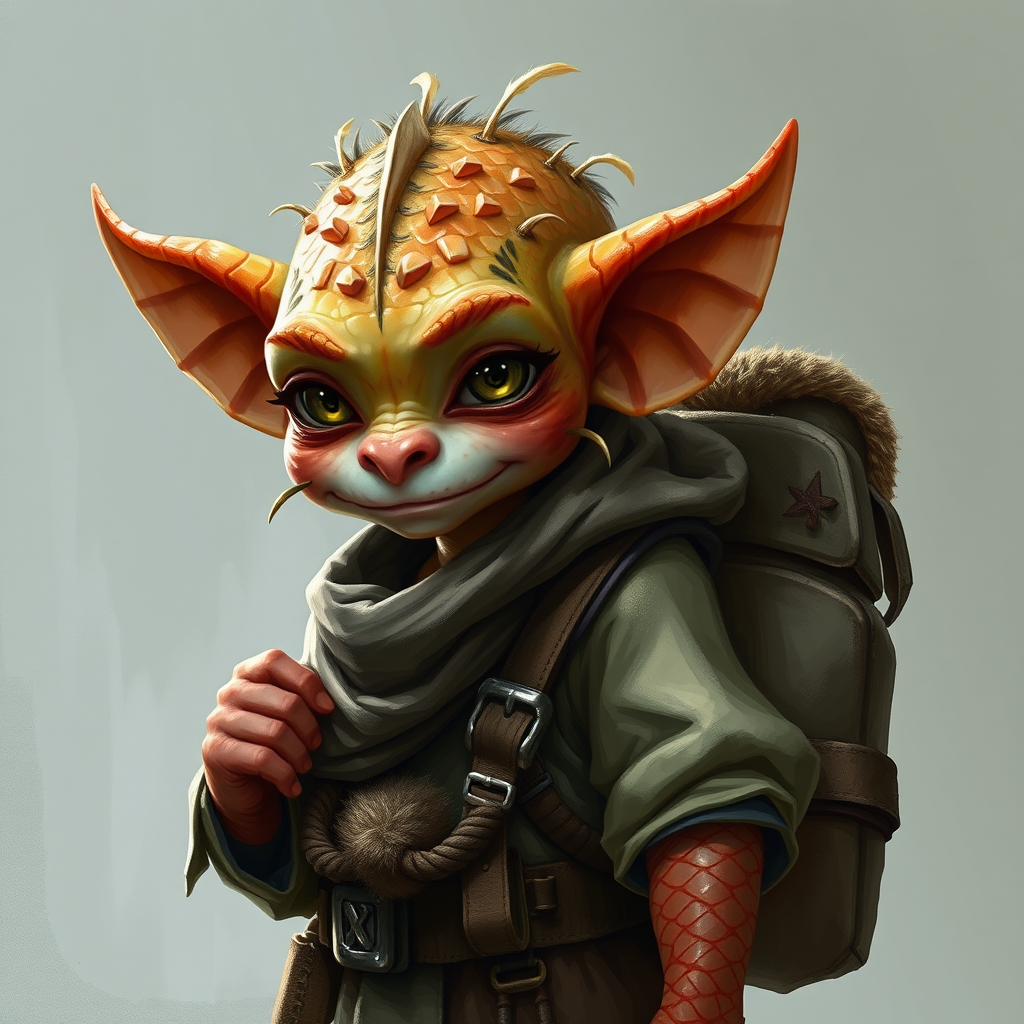 A Halfling with Scaled Skin and Stuffed Backpack