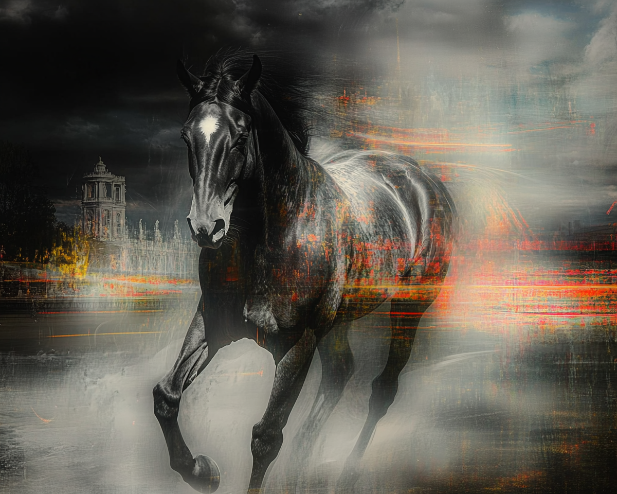 A Halloween-themed black horse slowly moving forward