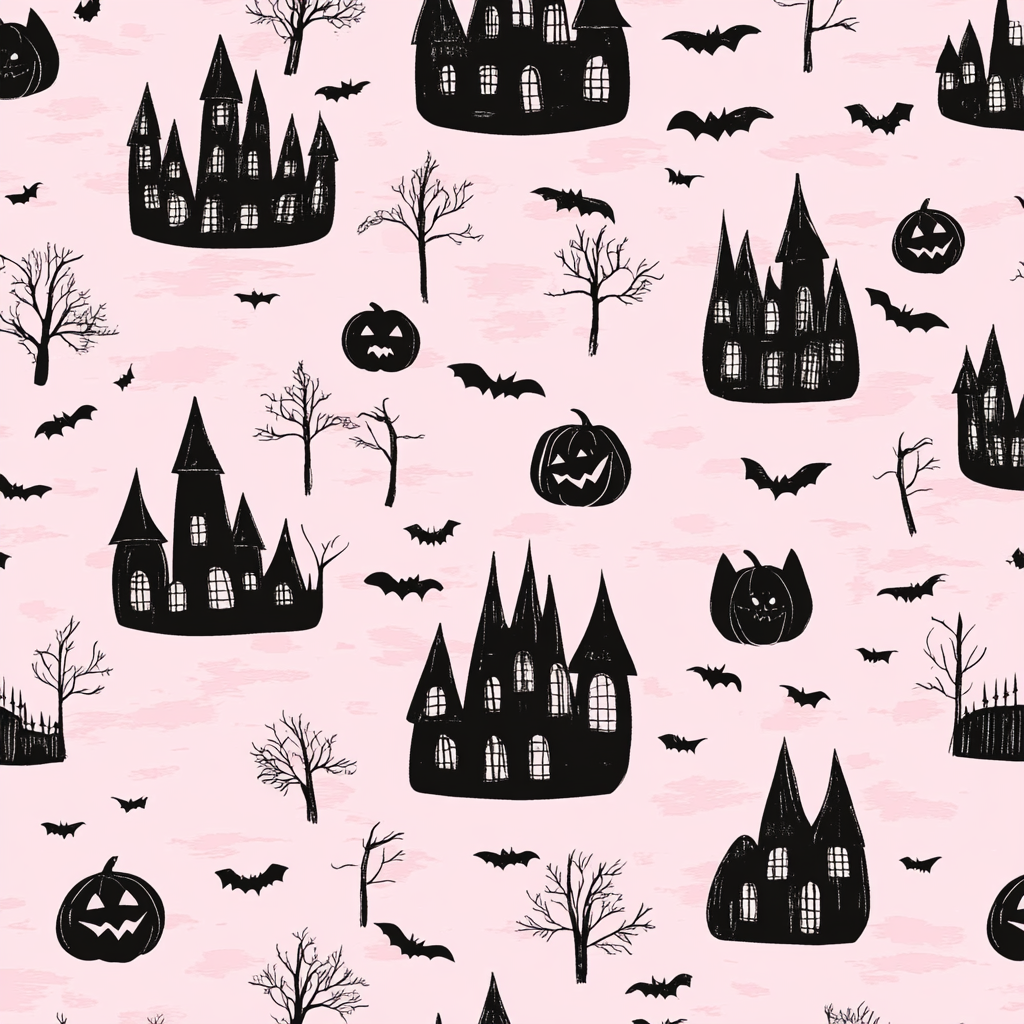 A Halloween-themed pattern with pink background and spooky elements